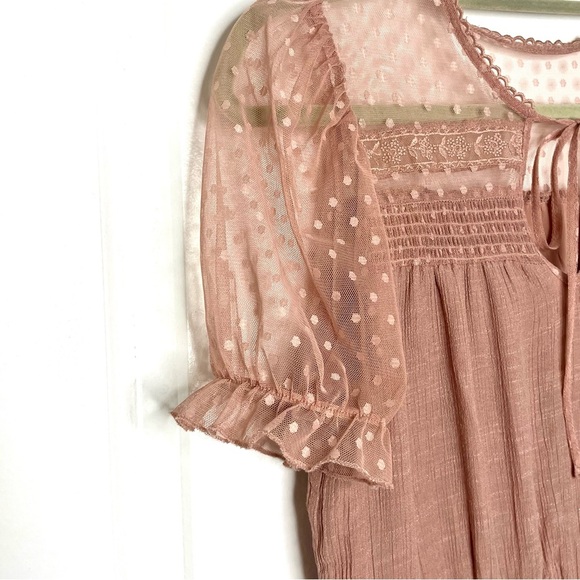 Rose Blush Dress - Embroidered Polka Dot Tulle with Lace and Smocked Top, Size M - Picture 3 of 7
